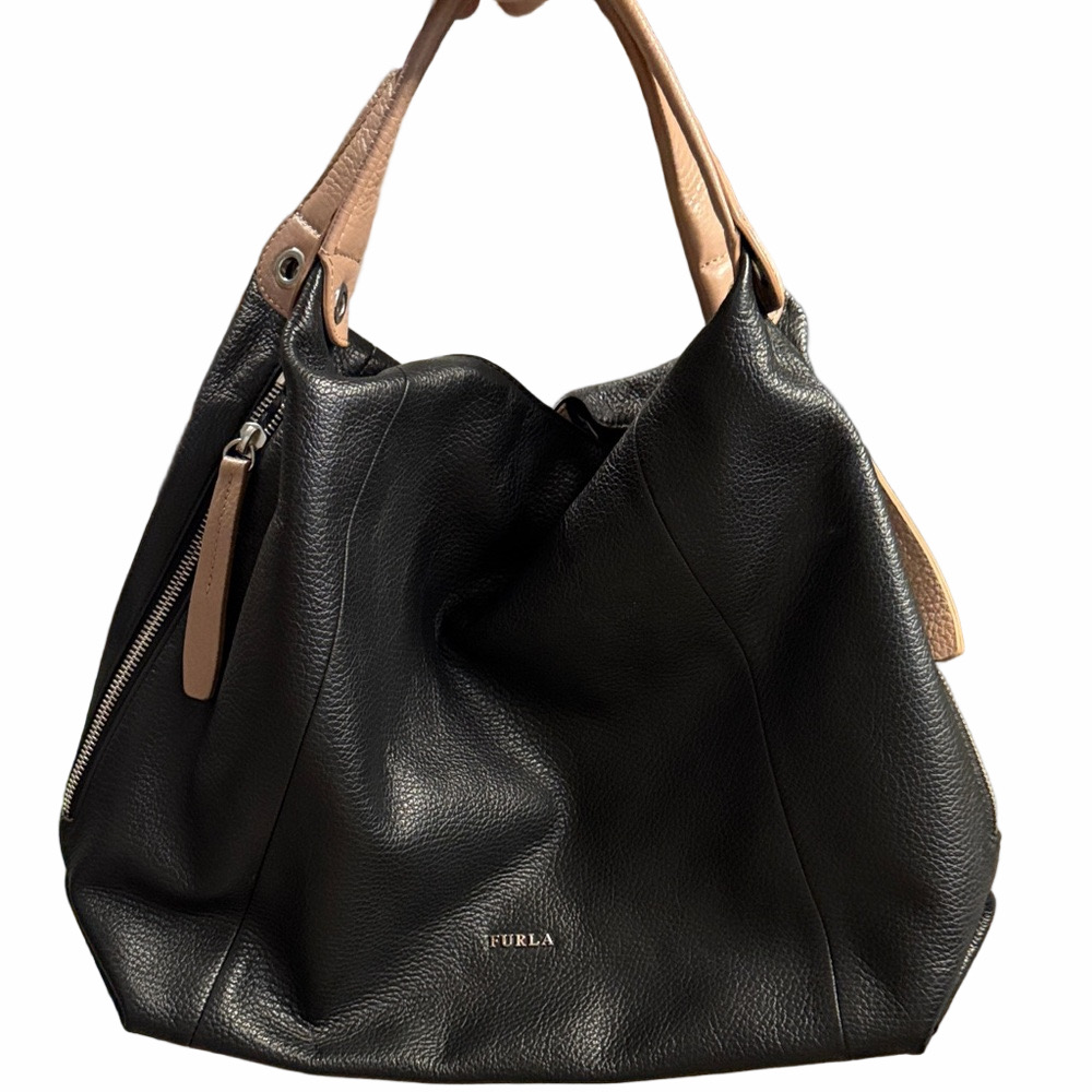 Furla Black and Tan Leather Hobo Bag